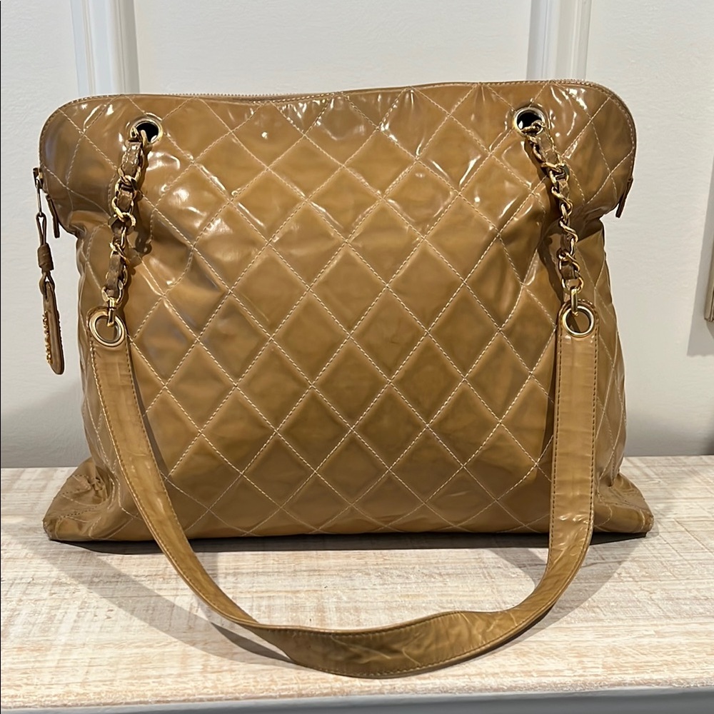 CHANEL Diamond Quilted Lambskin Grand Tote Shoulder Bag - Camel Colored